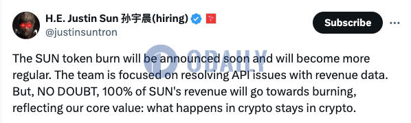 孙宇晨：即将公布SUN代币销毁计划，将进一步常规化